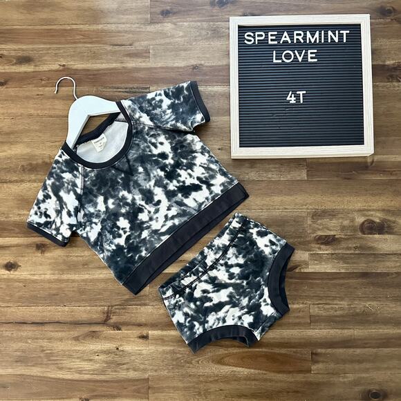 SpearmintLOVE Black Cream Tie Dye French Terry Short Set Organic Cotton Knit 4T - Picture 1 of 9